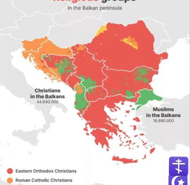 Mapa dominujących religii na Bałkanach, data badań nieznana