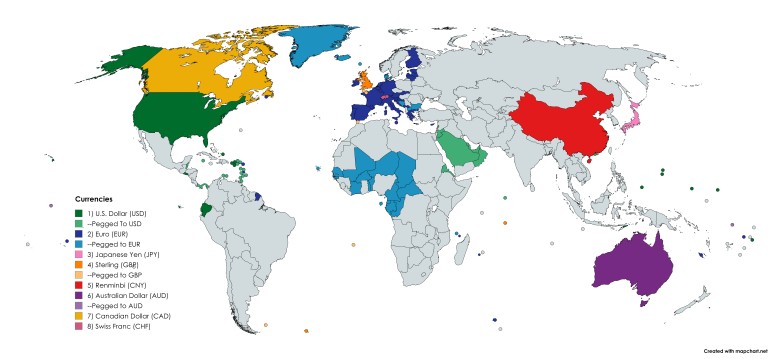 Mapa najczęściej używanych walut , 2024