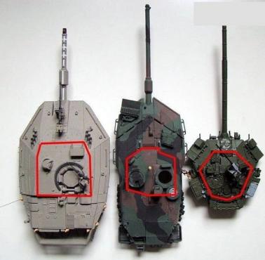 Po lewej wieże czołgów Merkava, Leopard 2 i T-90A. Po prawej zobrazowanie wielkości ich przedziałów bojowych