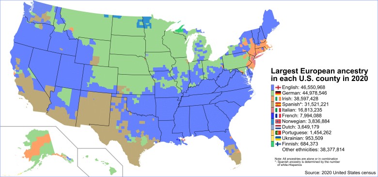 Mapa najczęstszego pochodzenia europejskiego w USA, ale z uwzględnieniem białych Latynosów jako pochodzenia hiszpańskiego, 2020
