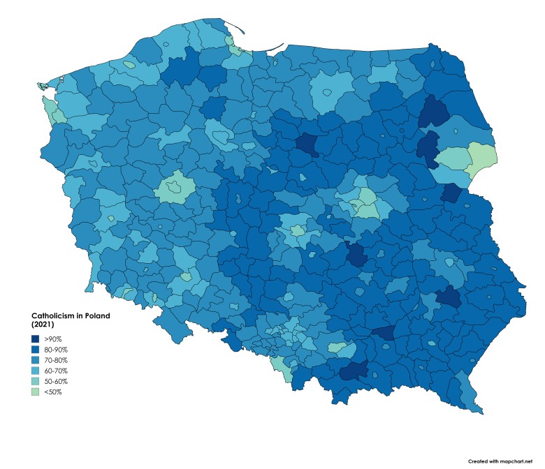 Odsetek katolików w Polsce według powiatów/miast (stan na spis powszechny z 2021 r.)