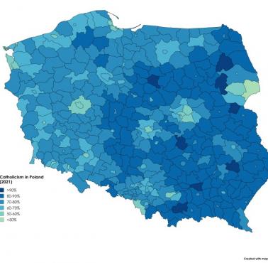 Odsetek katolików w Polsce według powiatów/miast (stan na spis powszechny z 2021 r.)