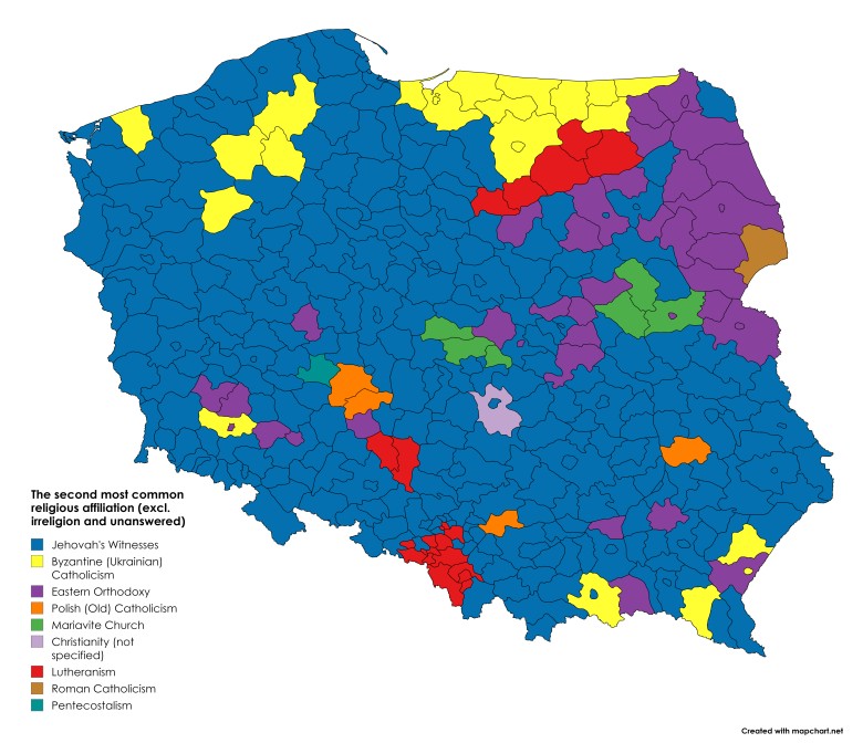 Drugi najczęściej deklarowany związek wyznaniowy w Polsce według powiatów, 2021