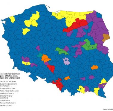 Drugi najczęściej deklarowany związek wyznaniowy w Polsce według powiatów, 2021