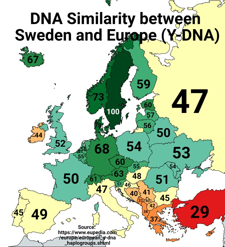 Podobieństwo Y-DNA między Szwedami a mieszkańcami pozostałych europejskich państw (w %)