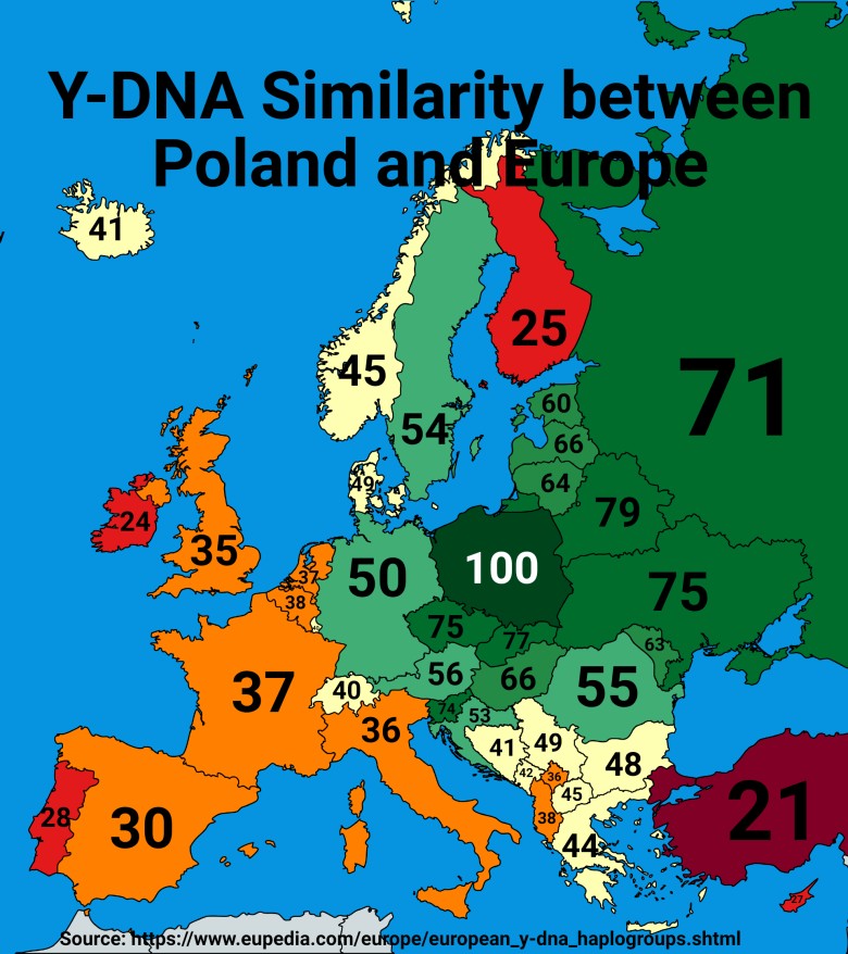 Podobieństwo Y-DNA między Polakami a mieszkańcami pozostałych europejskich państw (w %)