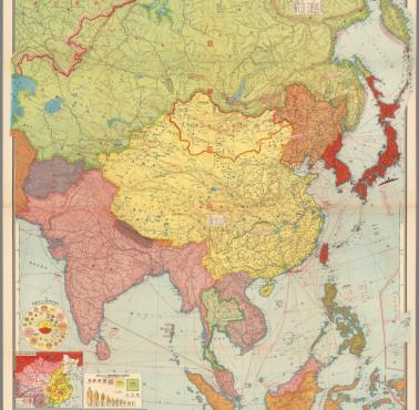 Japońska mapa Azji Wschodniej i świata przedstawiająca ówczesne Cesarstwo Japonii przed wybuchem wojny 1937