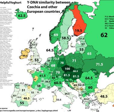 Podobieństwo Y-DNA między Czechami, a mieszkańcami pozostałych europejskich państw (w %)