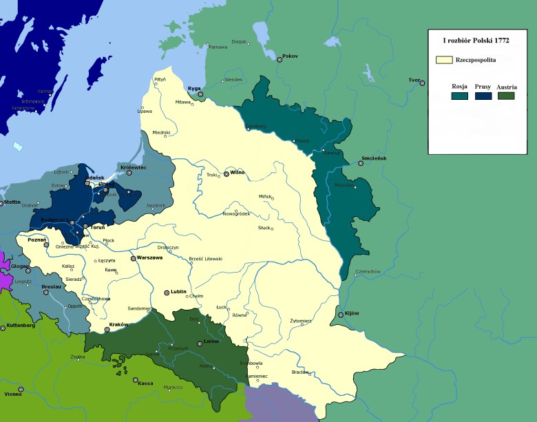Mapa Polski (I RP) po pierwszym rozbiorze, 1772 r.