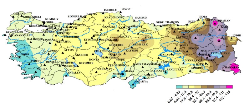 Średnia liczba dni z pokrywą śnieżną w roku w Turcji w latach 1970-2023