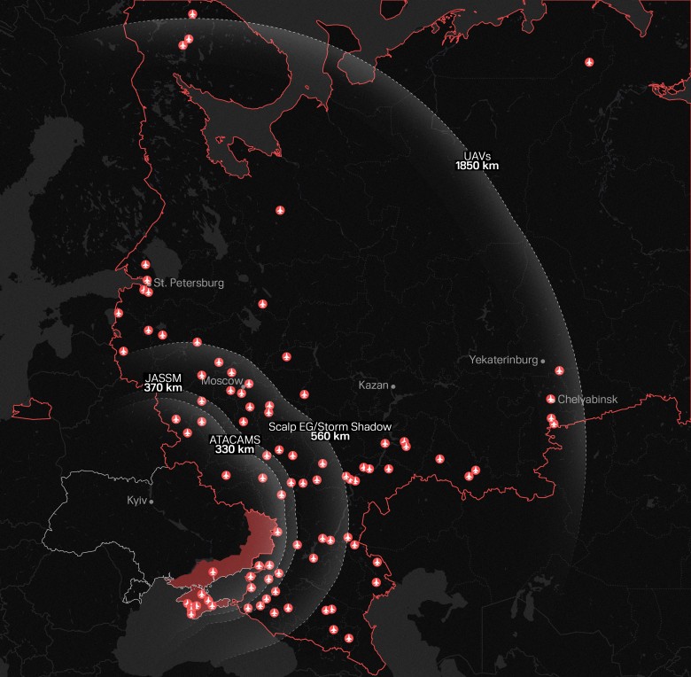 Mapa rosyjskich lotnisk w zasięgu zachodnich rakiet dalekiego zasięgu, 09.2024