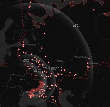 Mapa rosyjskich lotnisk w zasięgu zachodnich rakiet dalekiego zasięgu, 09.2024