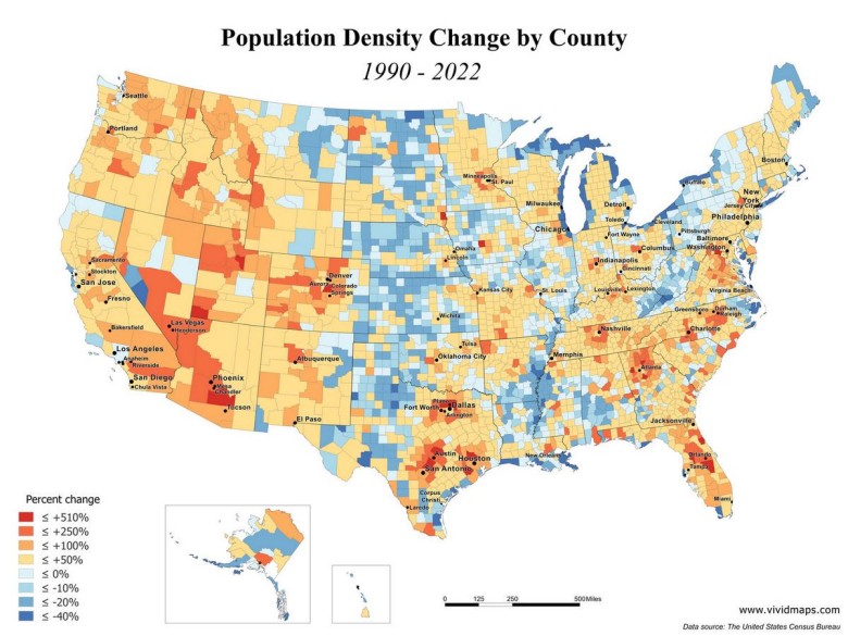 Zmiana gęstości zaludnienia według hrabstw USA, 1990-2022