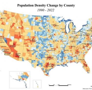 Zmiana gęstości zaludnienia według hrabstw USA, 1990-2022