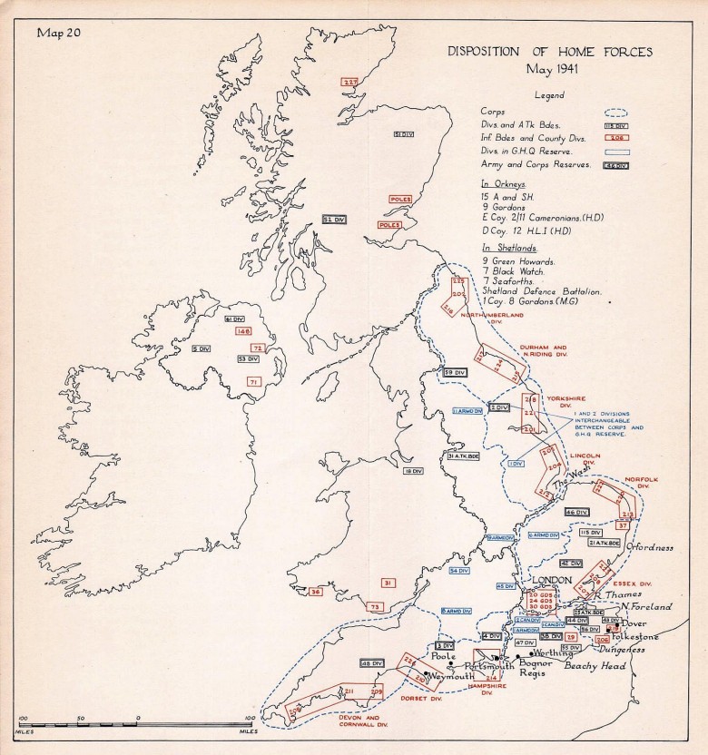 Mapa rozmieszczenia sił brytyjskich i sprzymierzonych na Wyspach, maj 1941