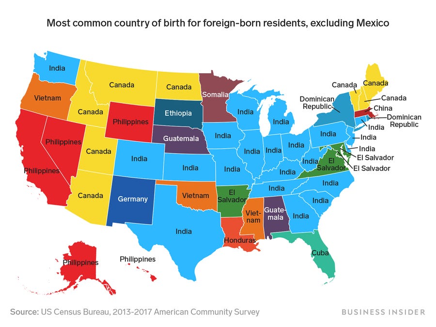 Najczęstszy kraj pochodzenia nowych imigrantów w poszczególnych stanach USA (z wyjątkiem Meksyku)