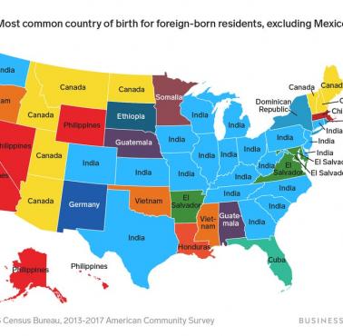 Najczęstszy kraj pochodzenia nowych imigrantów w poszczególnych stanach USA (z wyjątkiem Meksyku)