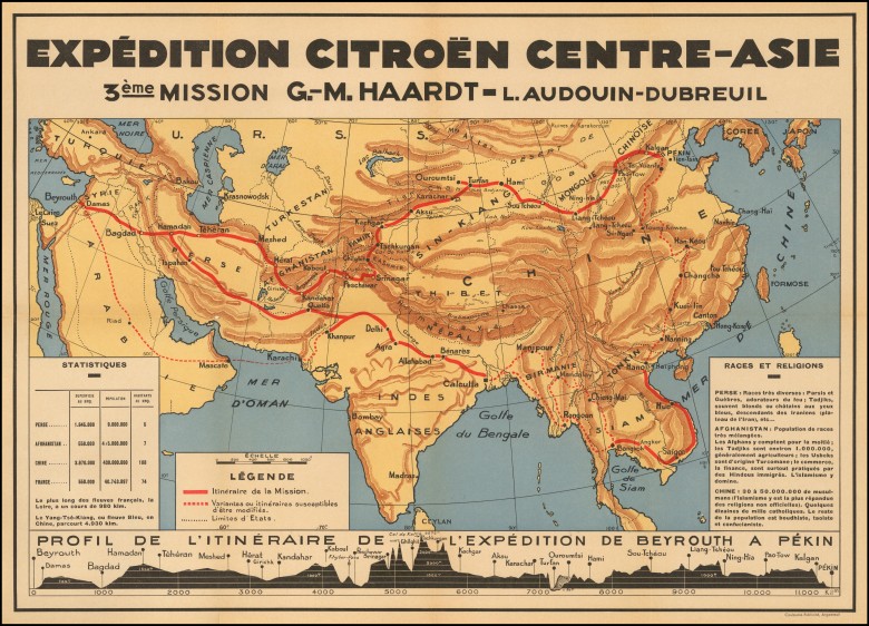 Mapa rajdu samochodu Citroen z Bejrutu do Pekinu z 1930 roku (Jedwabny Szlak)