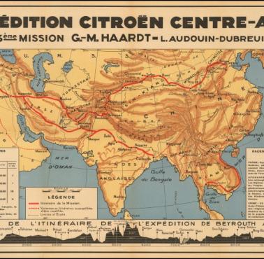 Mapa rajdu samochodu Citroen z Bejrutu do Pekinu z 1930 roku (Jedwabny Szlak)