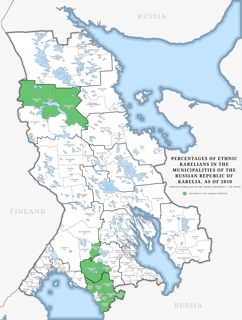 Mapy etniczne Republiki Karelii w 2002 i 2010 roku, zgodnie z ogólnorosyjskimi spisami ludności