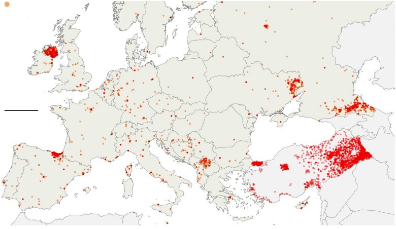 Mapa świata z naniesionymi atakam terrorystycznymi w Europie w latach 1970-2017