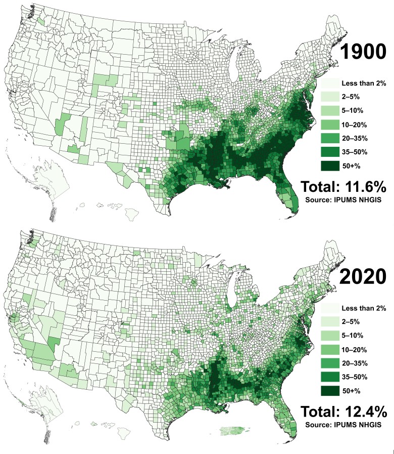 Odsetek czarnoskórych (afroamerykanów) w poszczególnych stanach USA, 1900 vs 2020