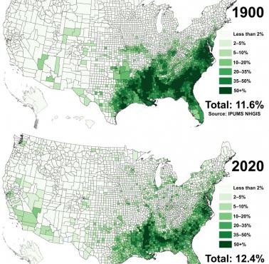 Odsetek czarnoskórych (afroamerykanów) w poszczególnych stanach USA, 1900 vs 2020