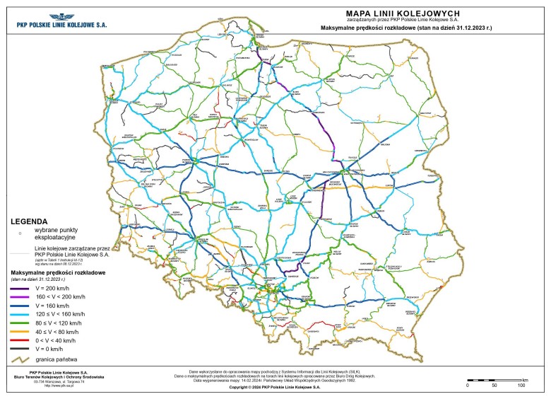 Maksymalna prędkość pociągów pasażerskich w sieci kolejowej w Polsce, 2023