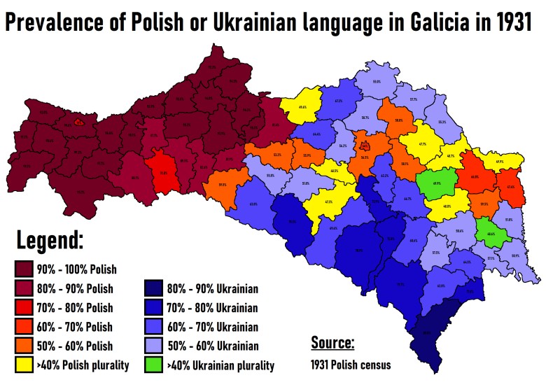 Rozpowszechnienie języka polskiego lub ukraińskiego w byłej Galicji w 1931 r.