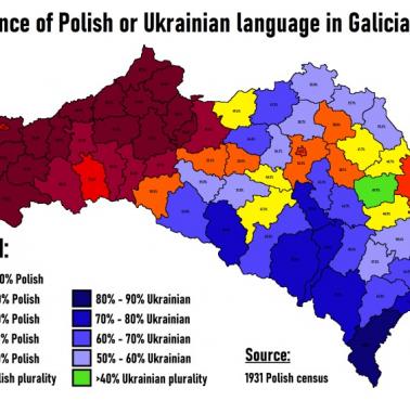 Rozpowszechnienie języka polskiego lub ukraińskiego w byłej Galicji w 1931 r.