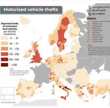 Kraje i regiony w Europie, gdzie kradnie się najwięcej samochodów na 100 tys. mieszkańców, 2021