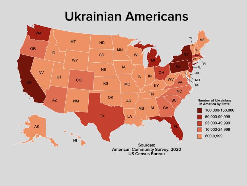 Liczba Ukraińców w USA według stanów w 2020 r.