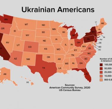 Liczba Ukraińców w USA według stanów w 2020 r.