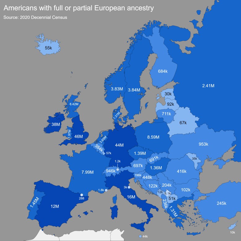 Liczba Amerykanów o europejskim pochodzeniu (pełnym lub częściowym), 2020