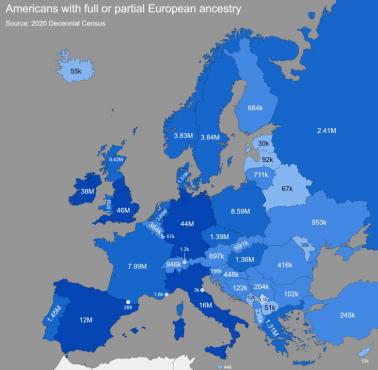 Liczba Amerykanów o europejskim pochodzeniu (pełnym lub częściowym), 2020