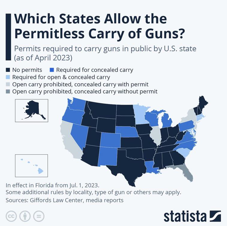 Przepisy w USA dotyczące legalności noszenia ukrytej broni ręcznej z podziałem na stany, 2023