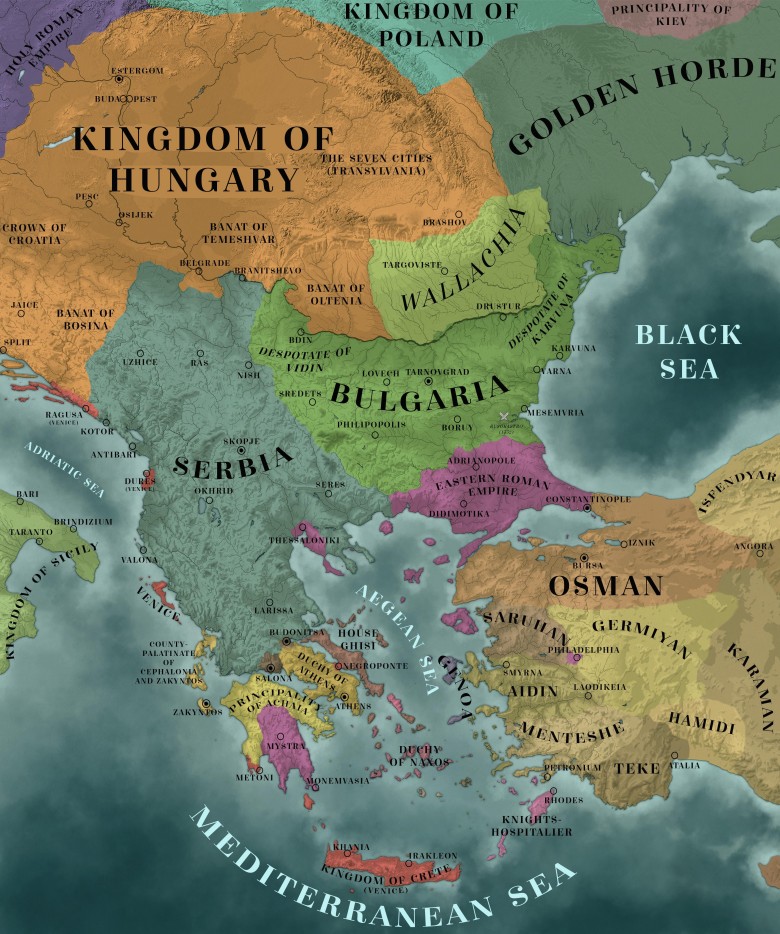 Mapa Europy Południowo-Wschodniej w 1350 r.