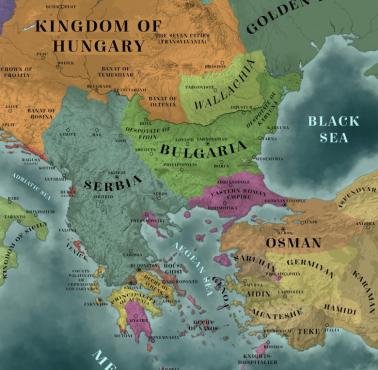 Mapa Europy Południowo-Wschodniej w 1350 r.