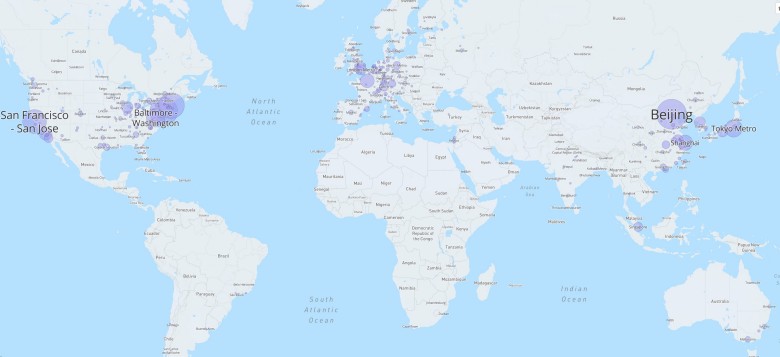 Top500 największych miast pod względem artykułów naukowych w 82 czasopismach naukowych w 2017 r. według Nature