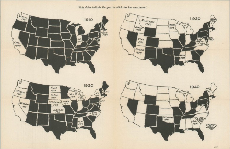 Status prawny sterylizacji antykoncepcyjnej (eugenika) w poszczególnych stanach USA, w latach 1910, 1920, 1930, 1940