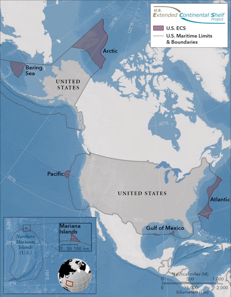 Wyłączna strefa ekonomiczna USA (EEZ - Exclusive Economic Zones) o rozszerzony szelf kontynentalny wg. Departamentu Stanu, 2023