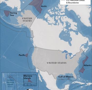 Wyłączna strefa ekonomiczna USA (EEZ - Exclusive Economic Zones) o rozszerzony szelf kontynentalny wg. Departamentu Stanu, 2023
