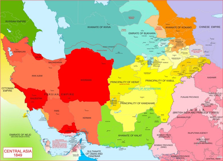 Mapa Azji Środkowej w 1849 roku (przed agresjami rosyjskimi na tym obszarze)