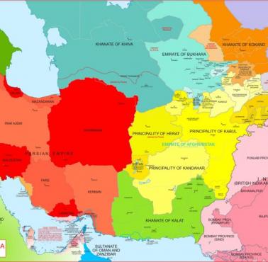 Mapa Azji Środkowej w 1849 roku (przed agresjami rosyjskimi na tym obszarze)