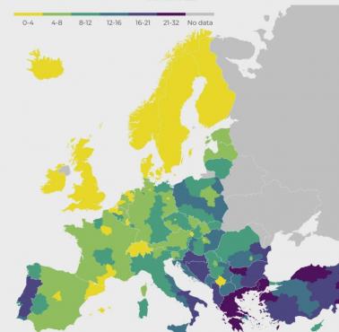Odsetek osób, która nigdy nie korzystała z internetu, Europa, 2021
