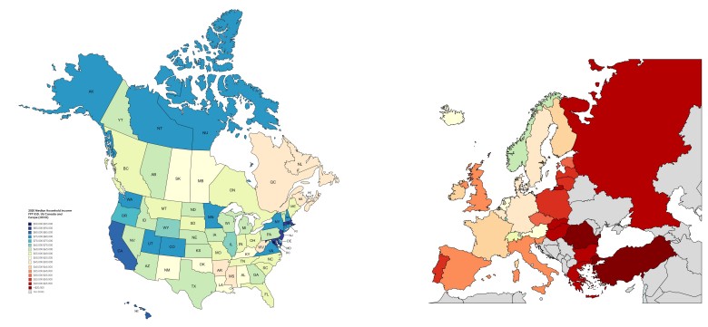 Mediana dochodu gospodarstwa domowego w USA/Kanadzie i Europie (w dolarach, PPP 2020)