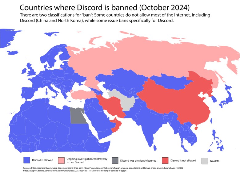 Kraje, w których dostępne są usługi amerykańskiego serwisu Discord, 2024