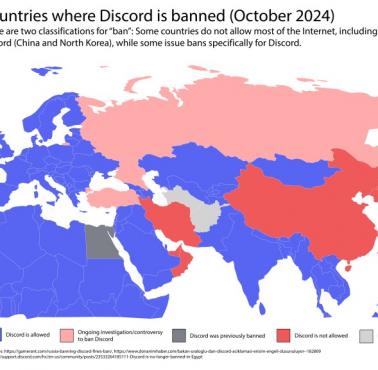 Kraje, w których dostępne są usługi amerykańskiego serwisu Discord, 2024