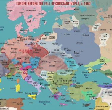 Mapa Europy przed upadkiem Konstantynopola, 1450