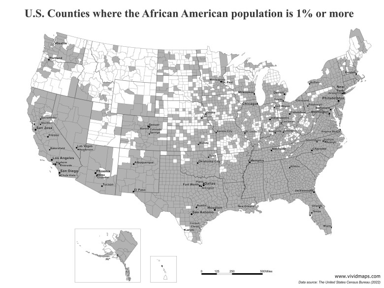 Hrabstwa USA, w których 1 proc. lub więcej populacji to osoby czarnoskóre (Afroamerykanie), 2022